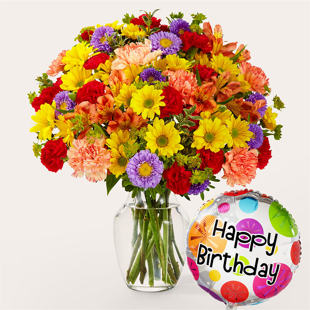 Kaleidoscope Bouquet with Birthday Balloon – Friendly Flower Shop, San Angelo TX