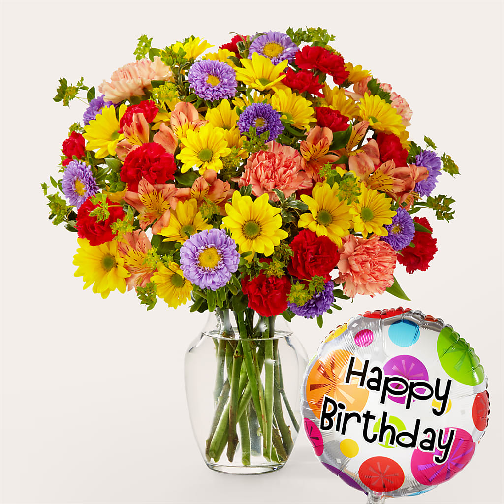 Kaleidoscope Bouquet with Birthday Balloon – Friendly Flower Shop, San Angelo TX