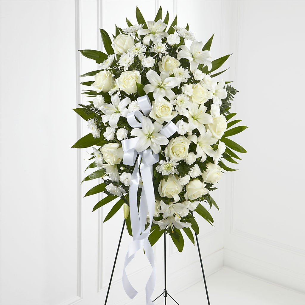 Exquisite Tribute Standing Spray-White Ribbon – Friendly Flower Shop, San Angelo TX